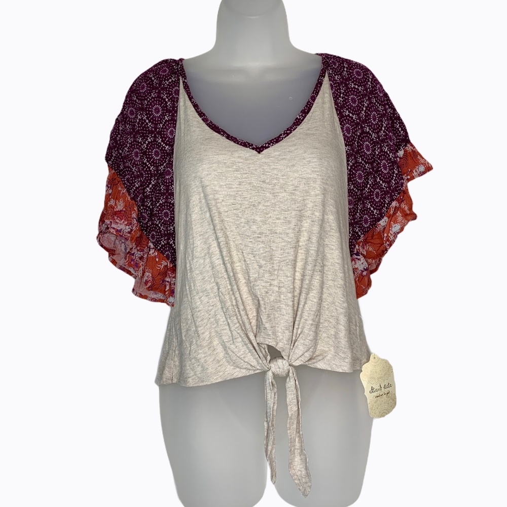ALTAR'D STATE Boho Top Flutter Sleeves Front Tie Floral Purple Rayon‎ Sz XS
